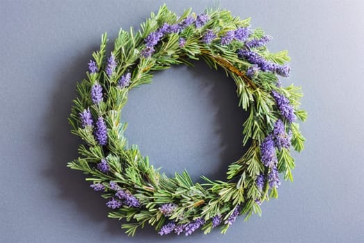 A wreath of lavender sprigs on a blue background, AI generated. High quality photo