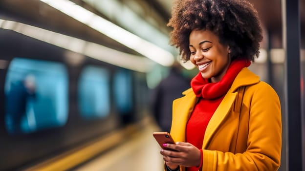 smiling attractive african american young girl with phone in metro station, made with Generative AI