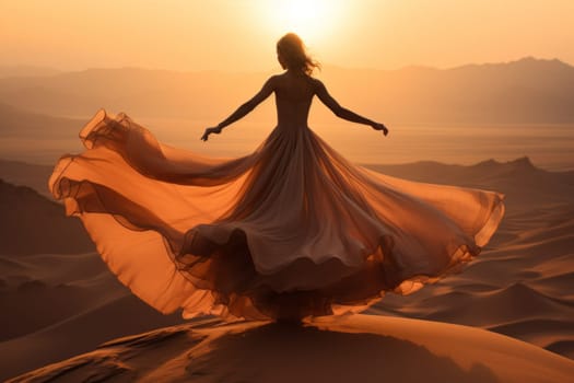 An unrecognizable woman in a beautiful fashionable dress is standing in the desert. Luxury fashion concept. AI generated.