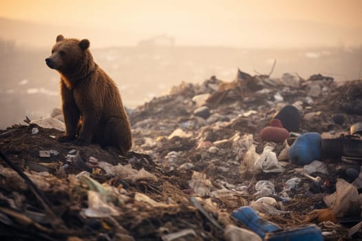 Brown bear in a garbage dump. Nature pollution concept. AI generated.