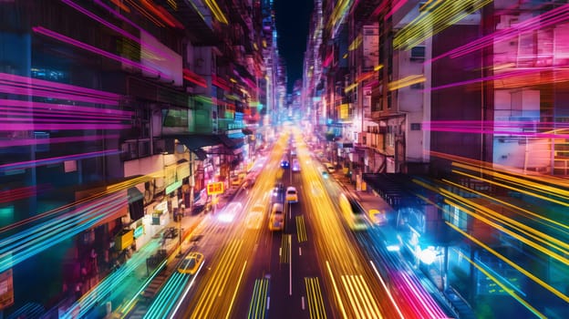 a colorful view of street lights and buildings in asian city - AI generative