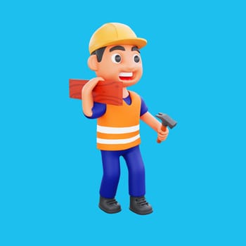 3d render cute construction workers activities