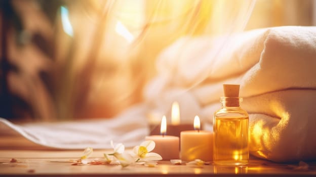 Concept of spa resort salon. Natural organic oil, towel, candles as decor. Atmosphere of relax. Anti-stress and detox procedure. AI generated