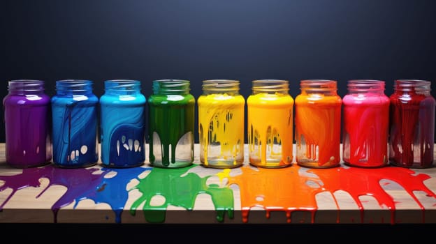 Empty glass jars with bright colors. Spilled paints on a dark background. Colorful banner. AI generated image