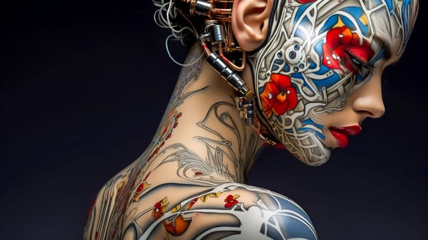 creatively tattooed robot in the studio, made with Generative AI.