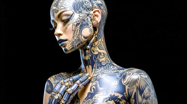 creatively tattooed robot in the studio, made with Generative AI.