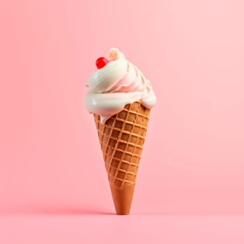 Ice cream in a waffle cup on a pink background. minimalism.