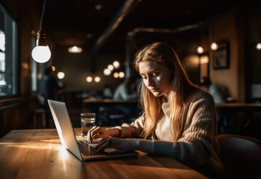 Happiness Attractive Asian woman in yellow shirt working with computer laptop thinking to get ideas and requirement in Business startup at modern office. AI Generative