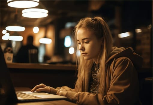 Happiness Attractive Asian woman in yellow shirt working with computer laptop thinking to get ideas and requirement in Business startup at modern office. AI Generative