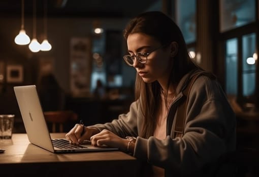 Happiness Attractive Asian woman in yellow shirt working with computer laptop thinking to get ideas and requirement in Business startup at modern office. AI Generative