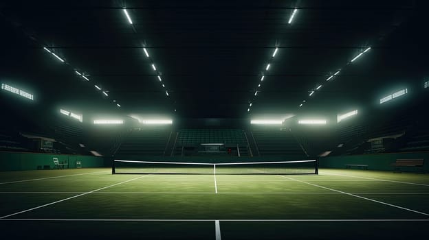 View of a tennis court with light from the spotlights over dark background. AI generated image