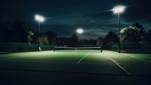 View of a tennis court with light from the spotlights over dark background. AI generated image