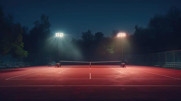 View of a tennis court with light from the spotlights over dark background. AI generated image