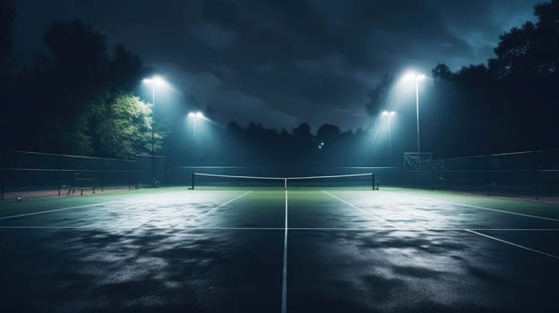 View of a tennis court with light from the spotlights over dark background. AI generated image