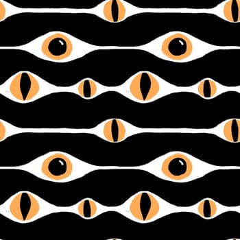 Hand drawn seamless pattern with black Halloween witch witchcraft evil eye on black background. Fall autumn scary spooky horror print, cute funny kawaii season art