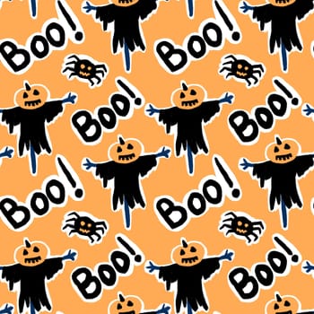 Hand drawn seamless pattern with black Halloween spider scarecrow boo on orange background. Fall autumn scary spooky horror print, cute funny kawaii season art