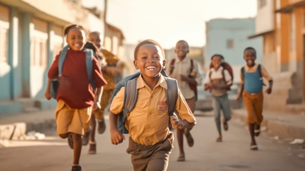 A group of young children with backpacks are walking to school on the dusty street. Back to school. Generative ai.