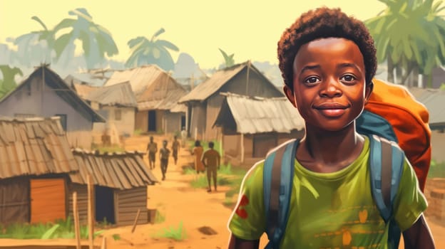 African kid with backpack is looking to the camera and walking to school on the dusty street. Back to school. Generative ai