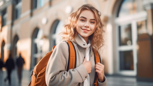 Happy caucasian teenager female student looking at camera with blurred school building on background. Back to school. Generative Ai