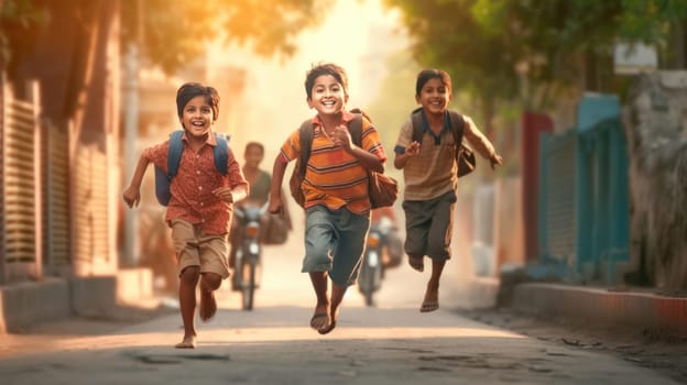 A group of young children with backpacks are walking to school on the dusty street. Back to school. Generative ai.