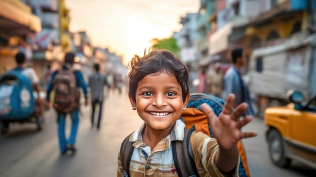 Happy little indian boy with backpack looking at camera going to school. Back to school. child education concept. rural india. Generative ai