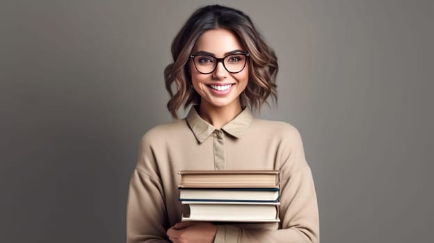 Pretty smiling female teacher looking at camera, kids on background in classroom at the elementary school. Back to school. Generative ai
