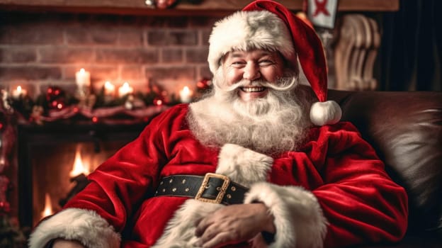 Santa Claus sitting in chair by the fireplace. Christmas and New Year concept. Home decoration. Generative Ai