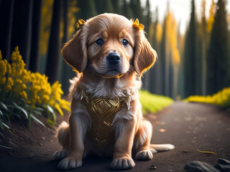 Cute cocker spaniel puppy in the forest. Dog vacation relax concept. Hiking. Generative Ai