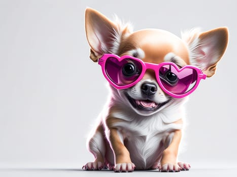 Cute funny chihuahua puppy wearing pink heart shaped sunglasses on white background. Generative Ai