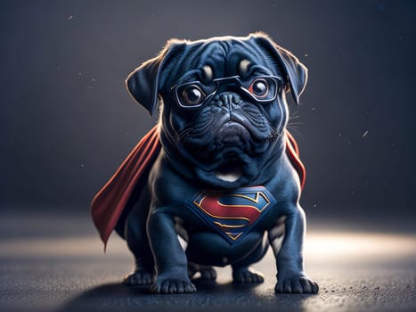 Cute funny pug puppy wearing super hero costume on grey background. Halloween costume. Generative Ai