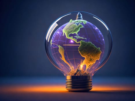 Eco friendly lightbulb in shape of planet earth, concept of Renewable Energy and Sustainable Living. concept business energy in nature on the world. Generative Ai