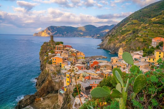 Colorful cityscape of buildings over Mediterranean sea, Europe, Cinque Terre, traditional Italian architecture