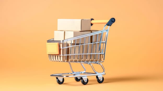 Shopping trolley full of boxes on yellow background. Black Friday sale. Online shopping. Generative ai