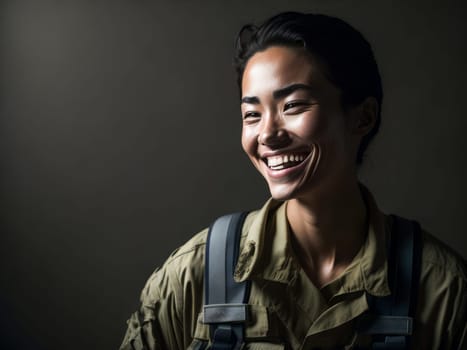 Portrait of a smiling young female American US special forces soldier in military uniform on plain background. Generative ai