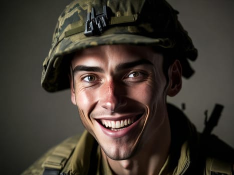 Portrait of a smiling young male American US special forces soldier in military uniform in the battle field. Generative ai