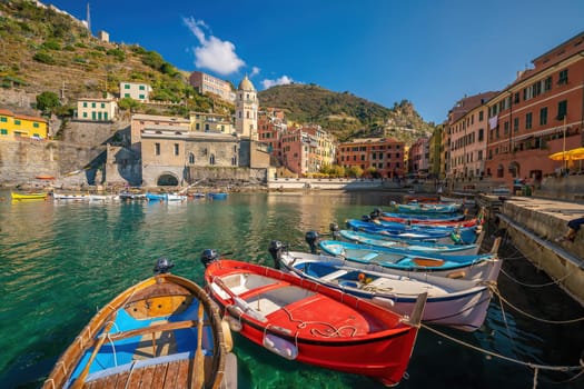 Colorful cityscape of buildings over Mediterranean sea, Europe, Cinque Terre, traditional Italian architecture