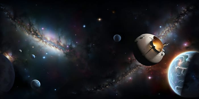 Cosmic texture with nebula and spaceship. HDRI 360 degree