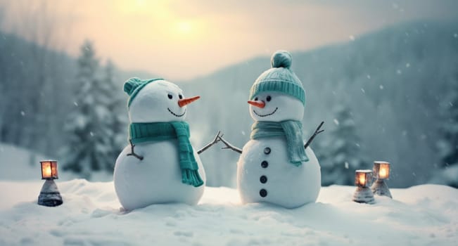 Small snowman on the background of a winter landscape