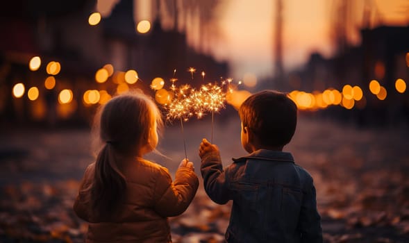 Children with fireworks stick. Holiday dynamic postcard. Happy children holding a lighted fireworks on a blurred background of a bright Christmas garland. Meeting the new year. Christmas evening Happy New Year concept copy space