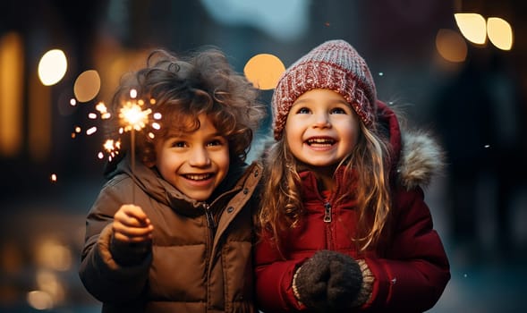 Children with fireworks stick. Holiday dynamic postcard. Happy children holding a lighted fireworks on a blurred background of a bright Christmas garland. Meeting the new year. Christmas evening Happy New Year concept copy space