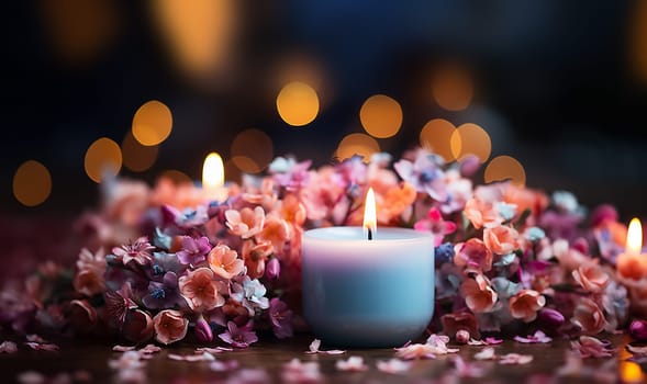 Colorful dreamy candles on bokeh background on wooden table surrounded with pink flowers. Dreamy design,Candles against bokeh lights background for clean Spa, valentine, wedding theme. Love and Peace copy space