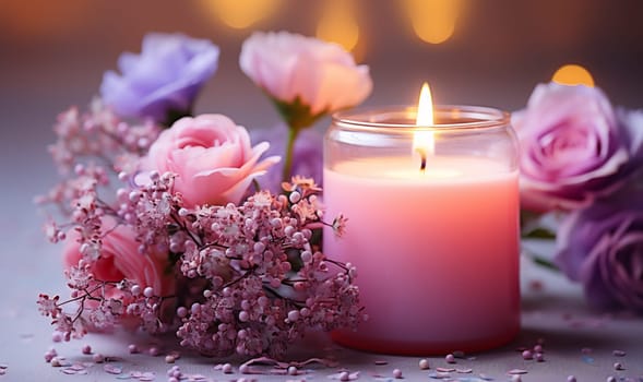 Colorful dreamy candles on bokeh background on wooden table surrounded with pink flowers. Dreamy design,Candles against bokeh lights background for clean Spa, valentine, wedding theme. Love and Peace copy space