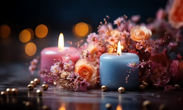 Colorful dreamy candles on bokeh background on wooden table surrounded with pink flowers. Dreamy design,Candles against bokeh lights background for clean Spa, valentine, wedding theme. Love and Peace copy space