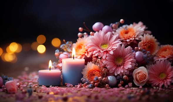 Colorful dreamy candles on bokeh background on wooden table surrounded with pink flowers. Dreamy design,Candles against bokeh lights background for clean Spa, valentine, wedding theme. Love and Peace copy space