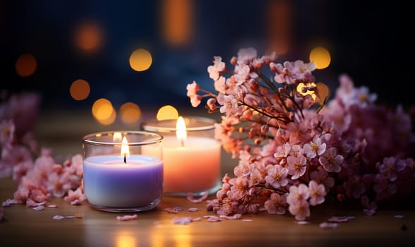 Colorful dreamy candles on bokeh background on wooden table surrounded with pink flowers. Dreamy design,Candles against bokeh lights background for clean Spa, valentine, wedding theme. Love and Peace copy space