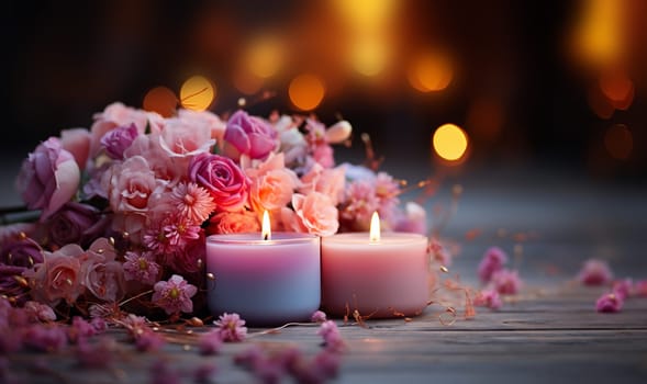 Colorful dreamy candles on bokeh background on wooden table surrounded with pink flowers. Dreamy design,Candles against bokeh lights background for clean Spa, valentine, wedding theme. Love and Peace copy space