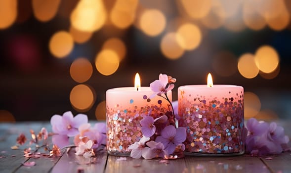 Colorful dreamy candles on bokeh background on wooden table surrounded with pink flowers. Dreamy design,Candles against bokeh lights background for clean Spa, valentine, wedding theme. Love and Peace copy space