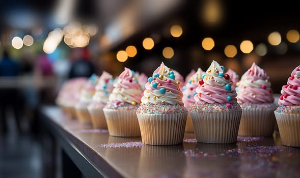 Delicious birthday cupcakes with blurred bokeh lights background pastel colored, unicorn theme for children copy space fresh cakes space for text