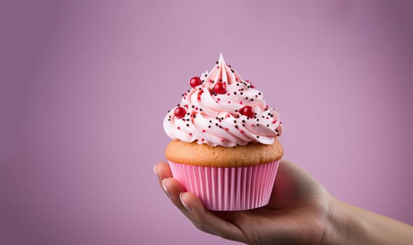 Cupcake with magical decoration. Pastel rainbow unicorn concept birthday cupcake with pink background copy space. Festive delicious sugar cake fantasy copy space