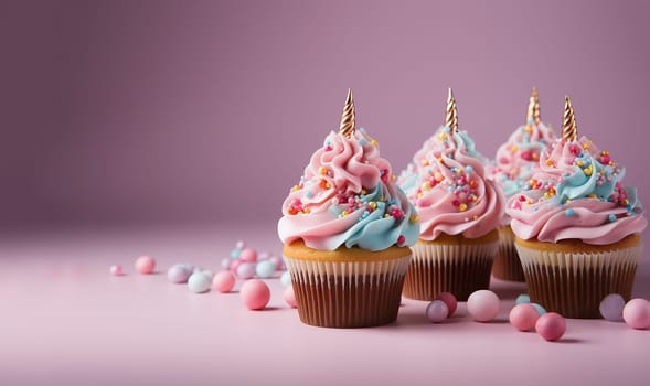 Cupcake with magical decoration. Pastel rainbow unicorn concept birthday cupcake with pink background copy space. Festive delicious sugar cake fantasy copy space